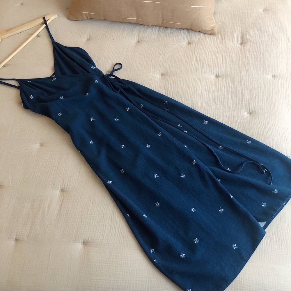 Reformation style blue linen wrap dress